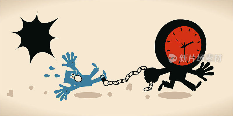 Deadline, stress and time pressure concept, tired blue man is tied up by a running time (clock)